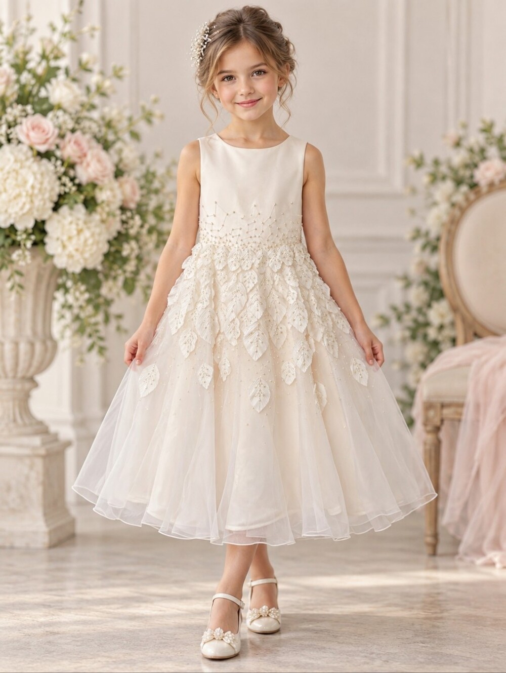NWT Joan Calabrese Ivory Rum Pink 3D Leaf Beaded Flower Girl Bridal Dress Size 7